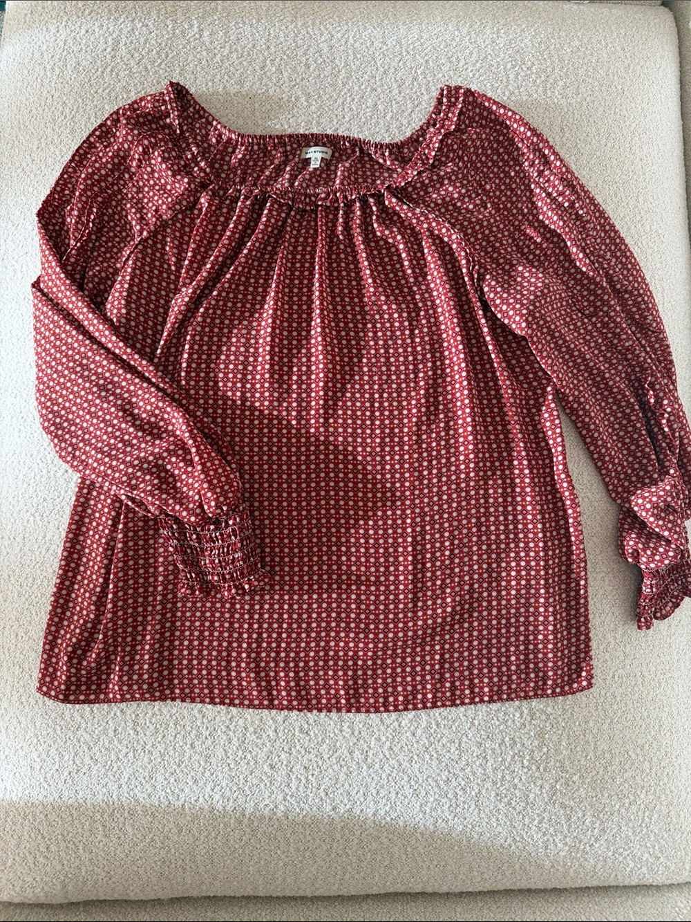 Max Studio Women's Red Printed Long-Sleeve Smocked Neck Blouse - Size XL